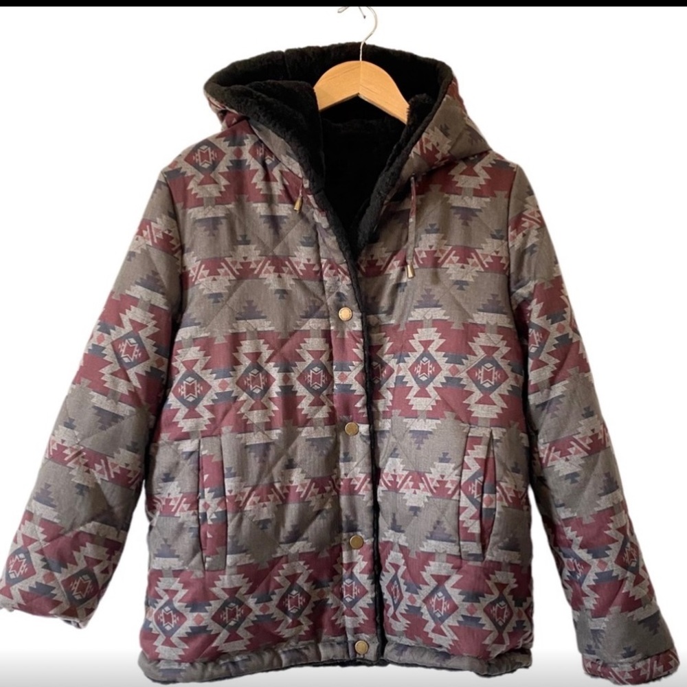Pendleton Aztec Print Coat Reversible Faux Fur Hooded Winter Jacket Womens Large